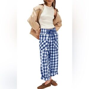 Acelitt Blue Gingham Drawstring Pants Women Size Small NEW